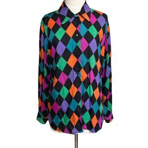 80s vintage harlequin clown multicolour diamond pattern button up blouse shirt.